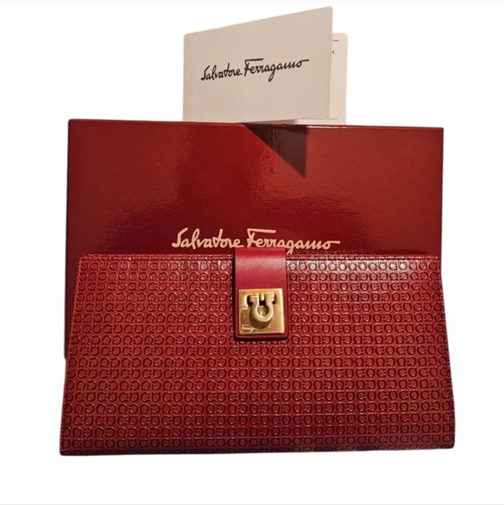 Euc Salvatore Ferragamo Red Clutch With Gold Accents